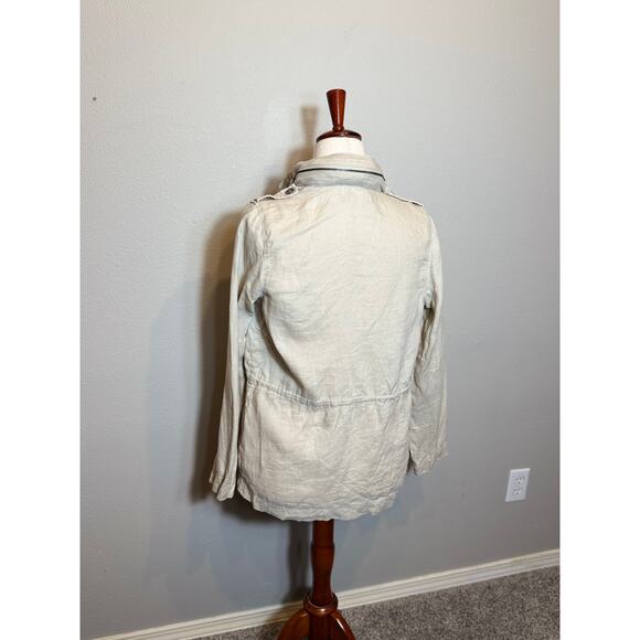 Olivia Moon jacket 100% tan linen hooded cargo utility pockets zip button sz XS - Picture 5 of 11